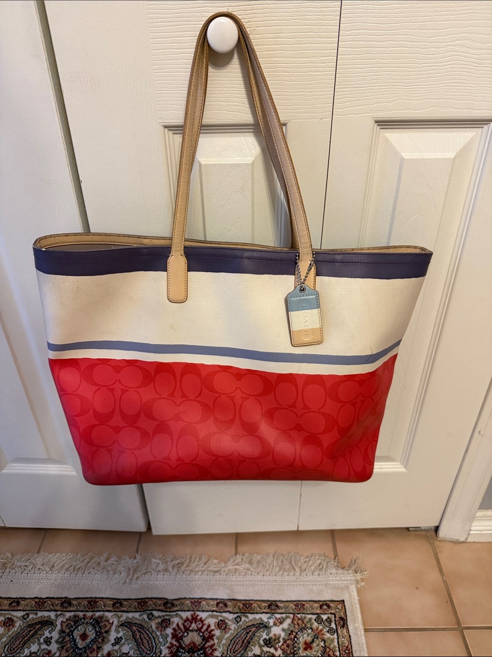 Coach Red, Cream and Navy Colorblock Signature Tote
